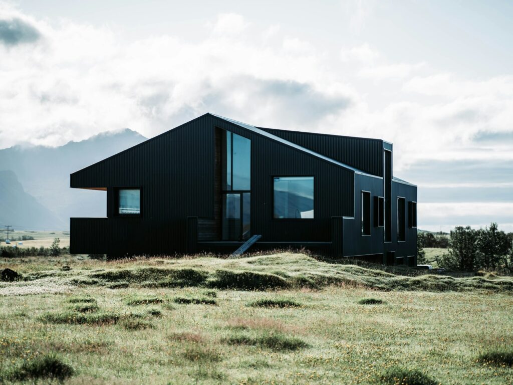Fertighaus oder Massivhaus: modernes zweistöckiges Einfamilienhaus mit schwarzer Fassade