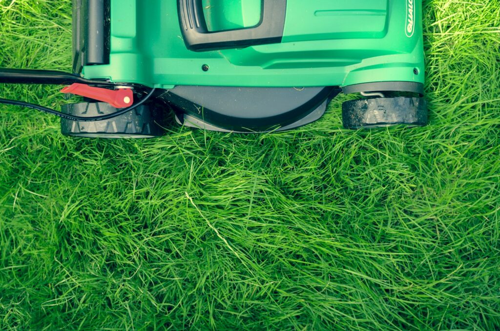 Rasen vertikutieren vorbereiten: Rasenmäher auf frisch gemähtem, grünem Gras
