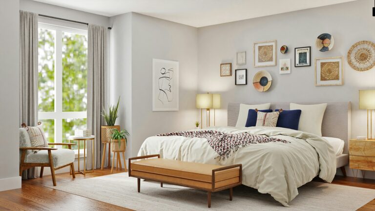 Sonniges Schlafzimmer mit Leinenbettwäsche und Lederbank