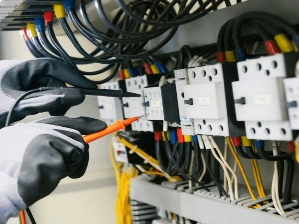 Stromkosten senken: Elektriker prüft eine Schalttafel mit dem Multimeter