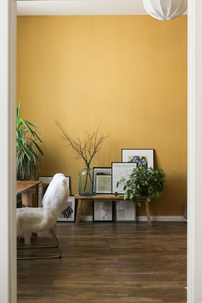 Wandfarben Trends 2027: Holzbank mit Kunst und Pflanzen vor warmer, senfgelber Wand