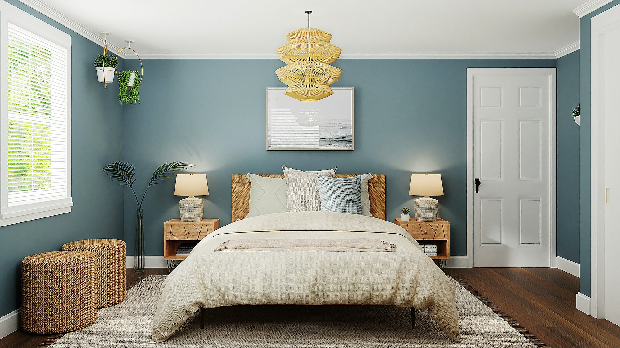 Schlafzimmer mit blauer Wand und Rattanleuchte